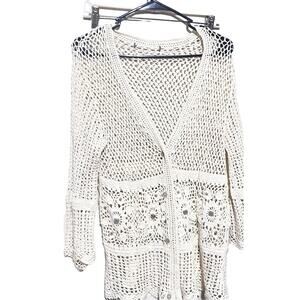 VTG Crochet cardigan sweater open knit beige ivory beaded sz Small